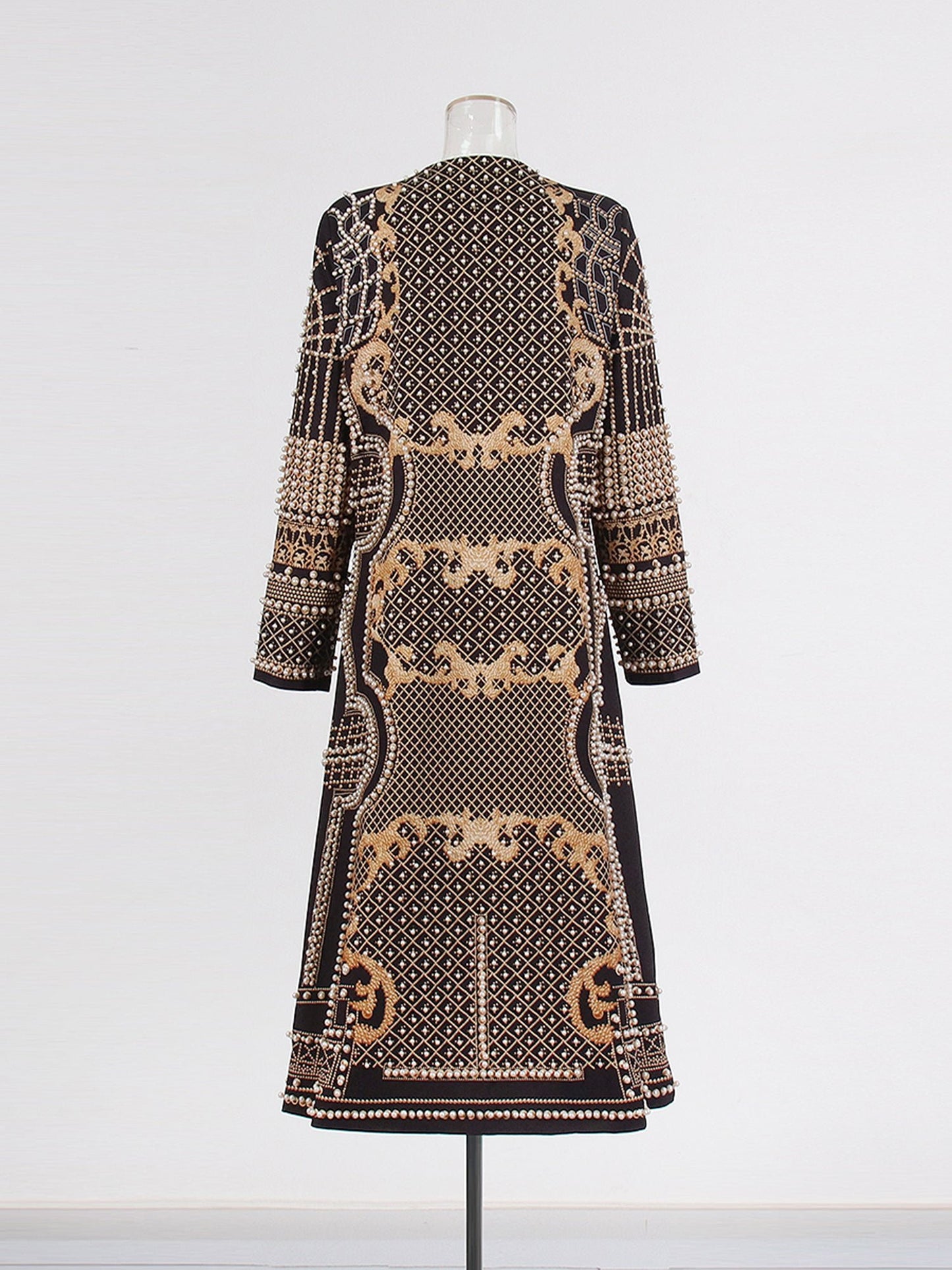 Black Long Coat with Gold Embroidery & Pearl Detailing - SISPELL
