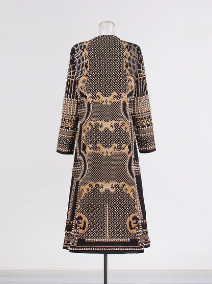 Black Long Coat with Gold Embroidery & Pearl Detailing - SISPELL