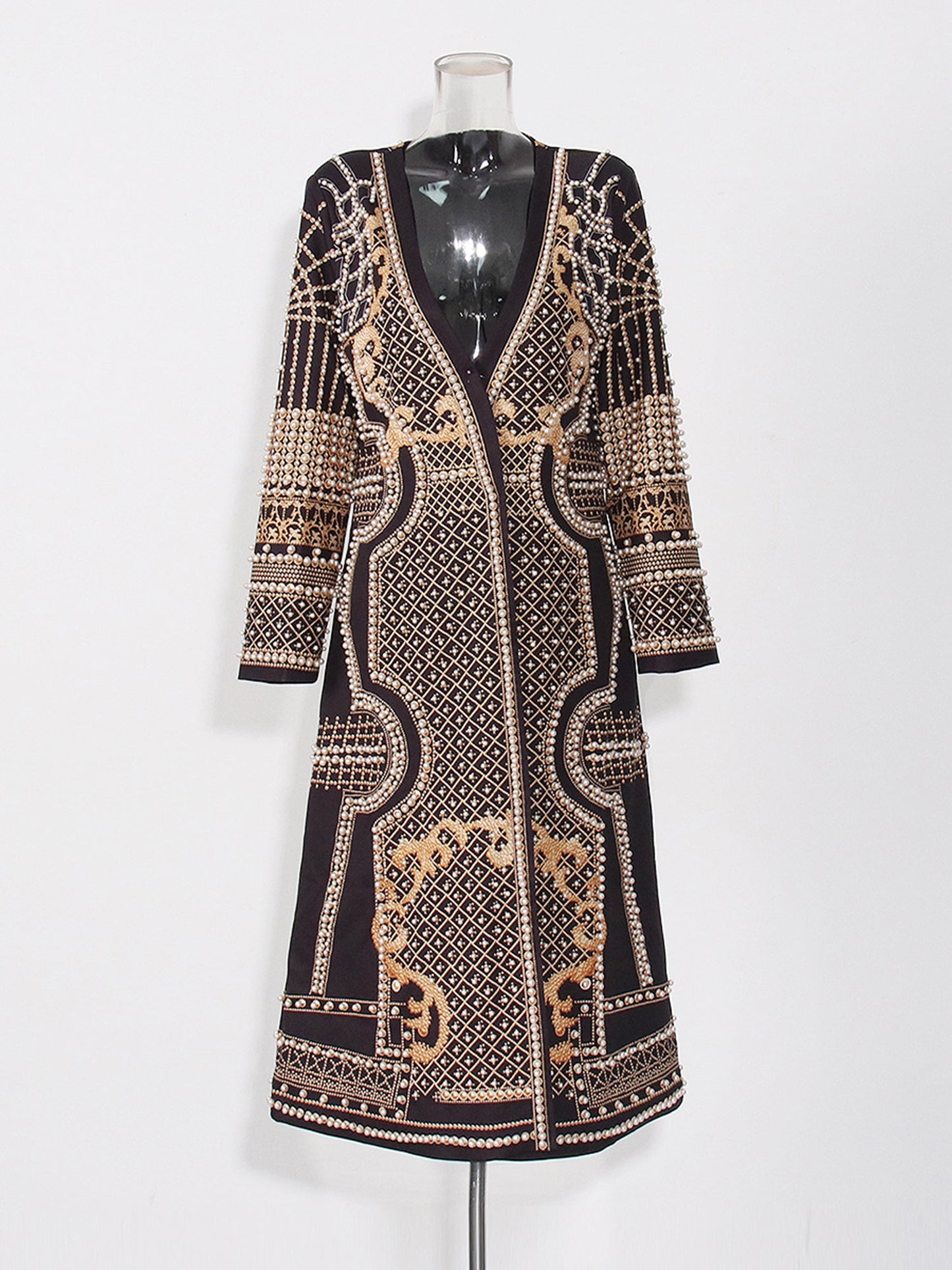 Black Long Coat with Gold Embroidery & Pearl Detailing - SISPELL