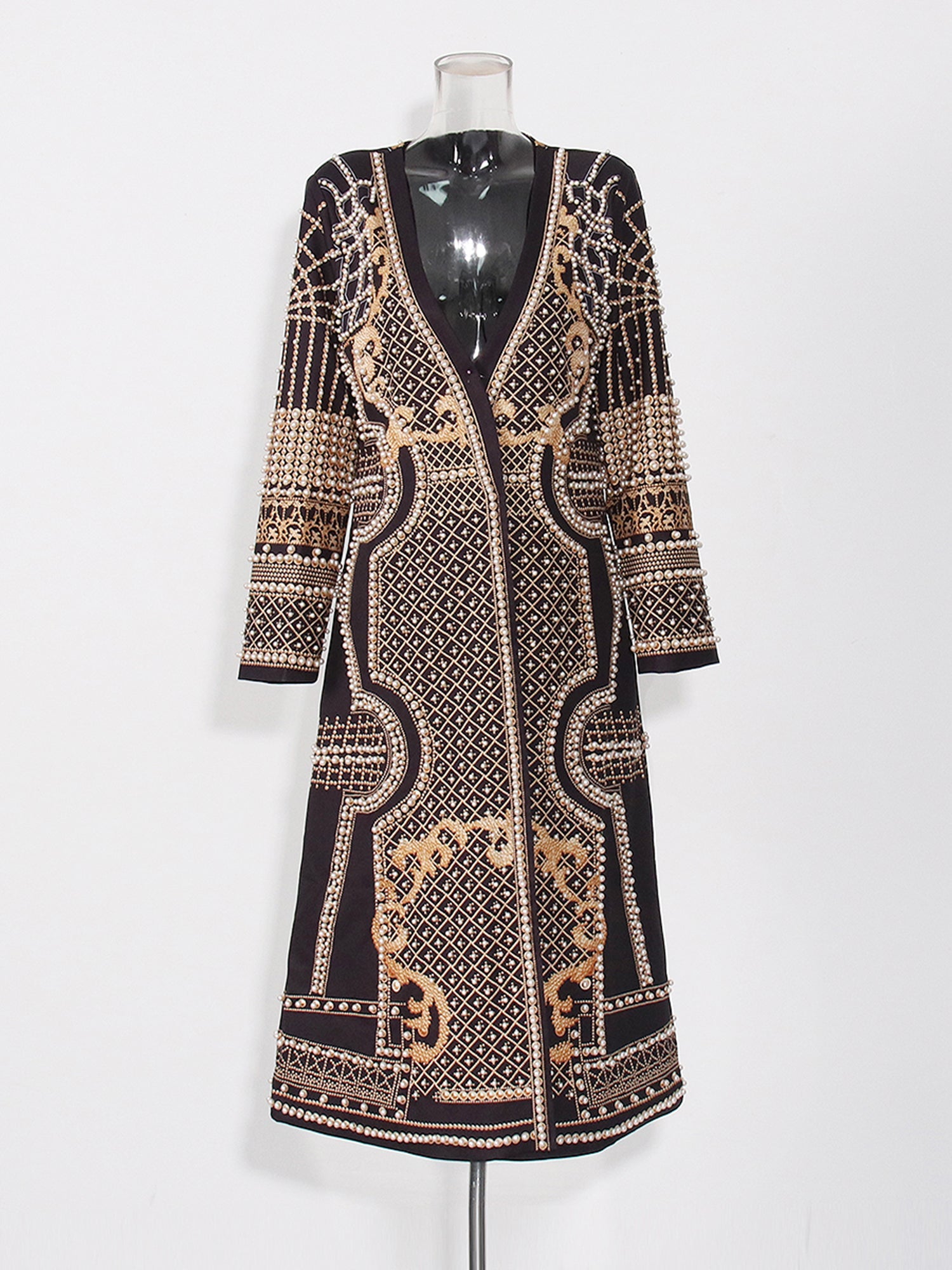 Black Long Coat with Gold Embroidery & Pearl Detailing - SISPELL
