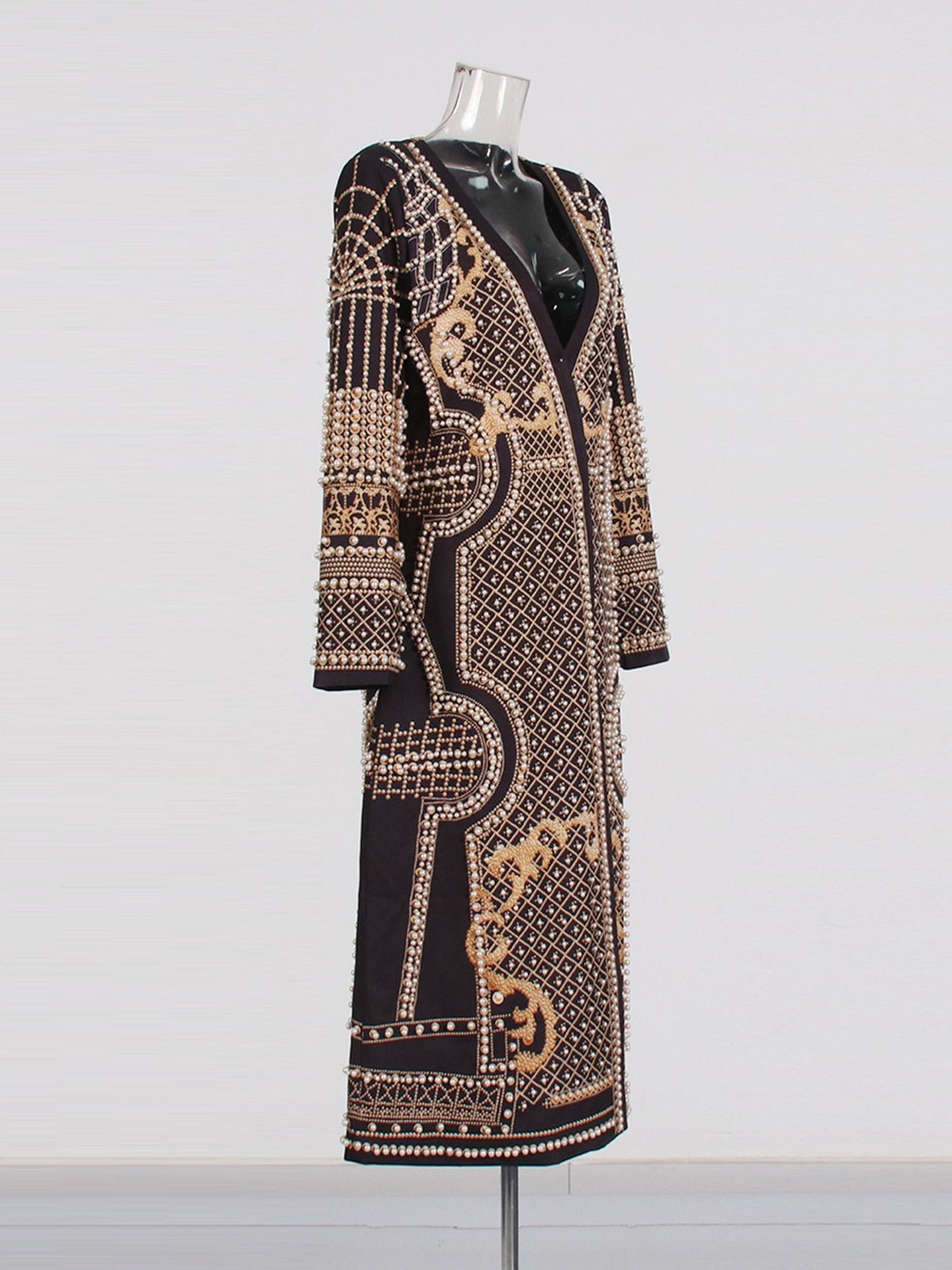 Black Long Coat with Gold Embroidery & Pearl Detailing - SISPELL