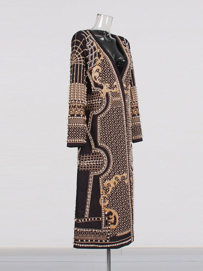 Black Long Coat with Gold Embroidery & Pearl Detailing - SISPELL