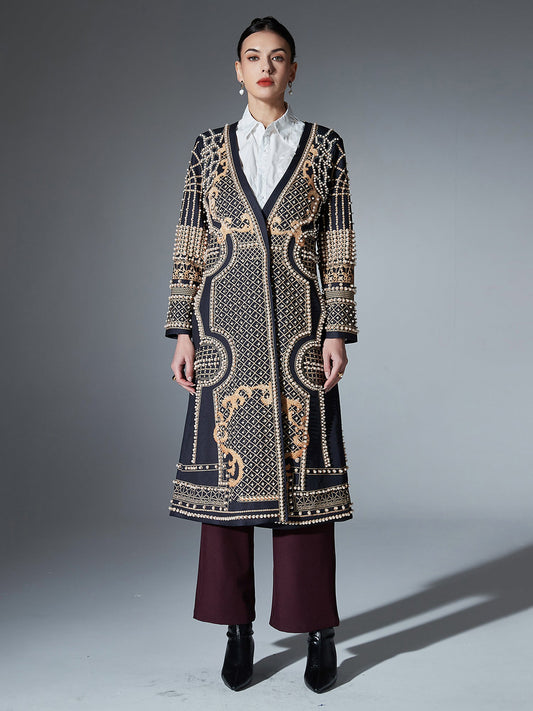 Black Long Coat with Gold Embroidery & Pearl Detailing - SISPELL