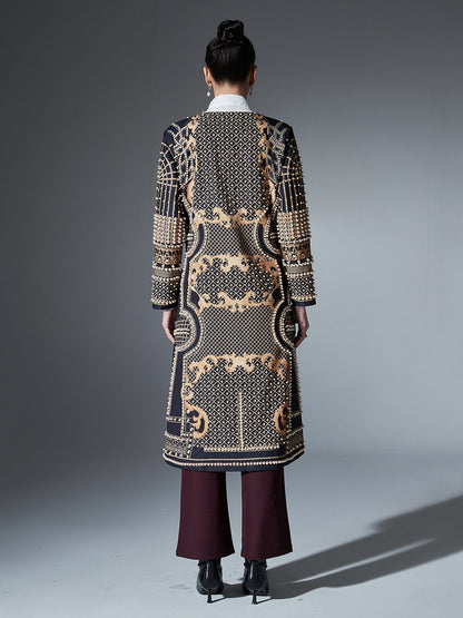 Black Long Coat with Gold Embroidery & Pearl Detailing - SISPELL