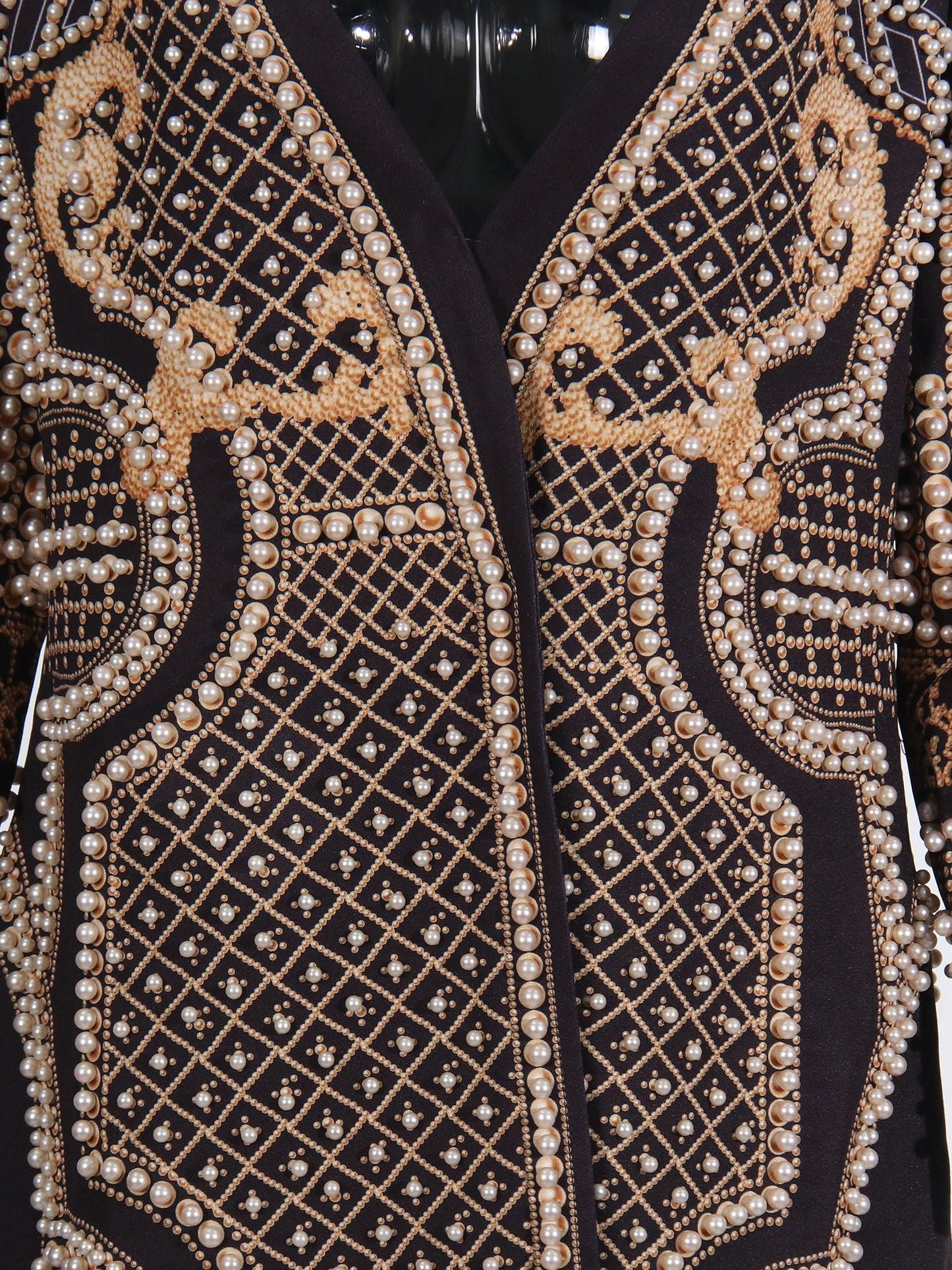 Black Long Coat with Gold Embroidery & Pearl Detailing - SISPELL