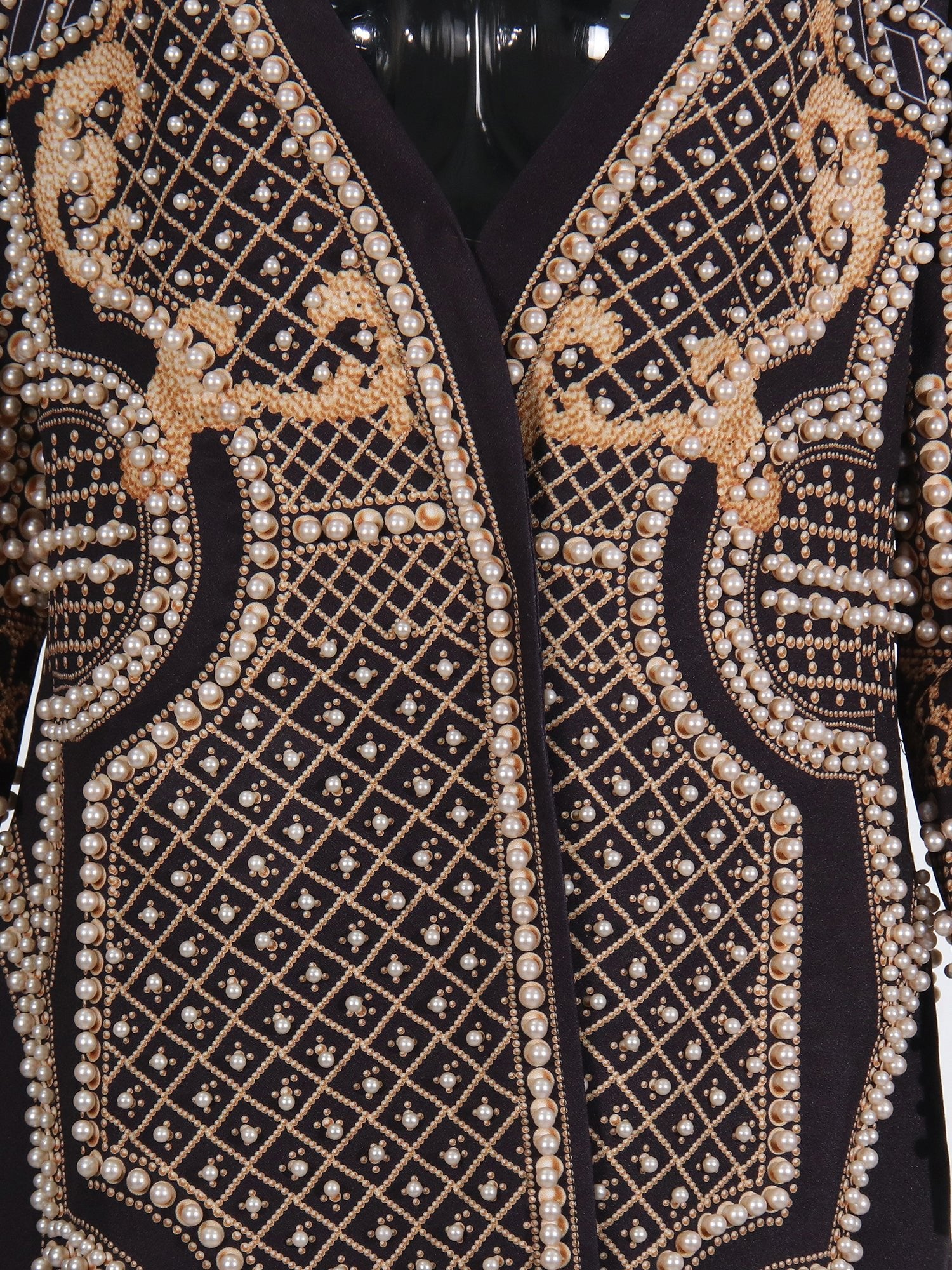 Black Long Coat with Gold Embroidery & Pearl Detailing - SISPELL