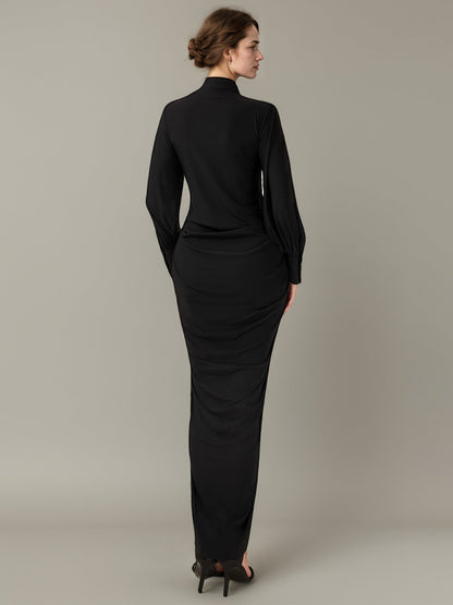 Black Long Sleeve Dress with Gold Button & Ruched Detail - SISPELL