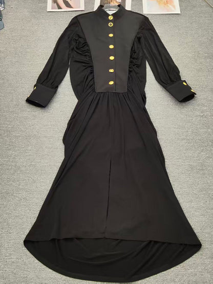 Black Long Sleeve Dress with Gold Button & Ruched Detail - SISPELL