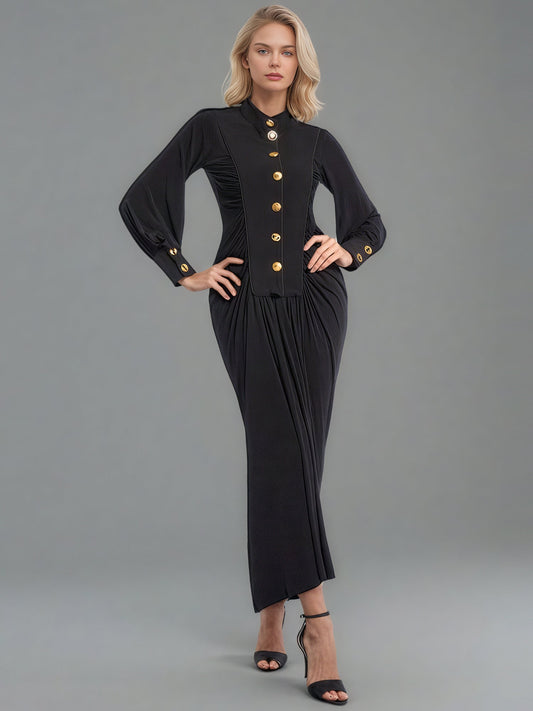 Black Long Sleeve Dress with Gold Button & Ruched Detail - SISPELL