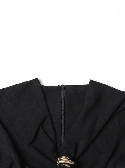 Black Long Sleeve Top with Gold Ring & Cutout - SISPELL