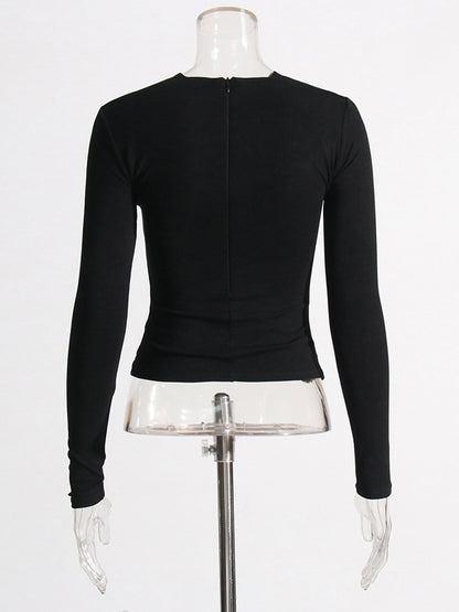 Black Long Sleeve Top with Gold Ring & Cutout - SISPELL