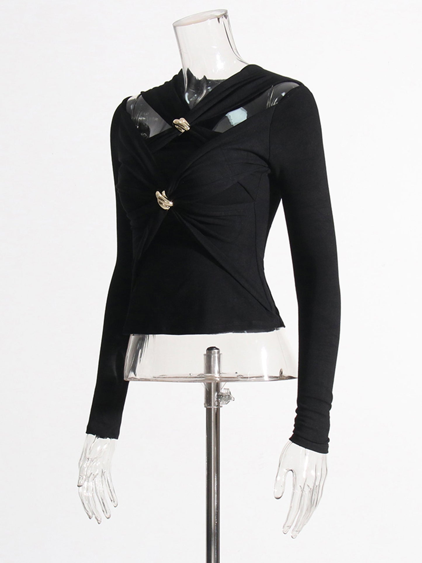 Black Long Sleeve Top with Gold Ring & Cutout - SISPELL