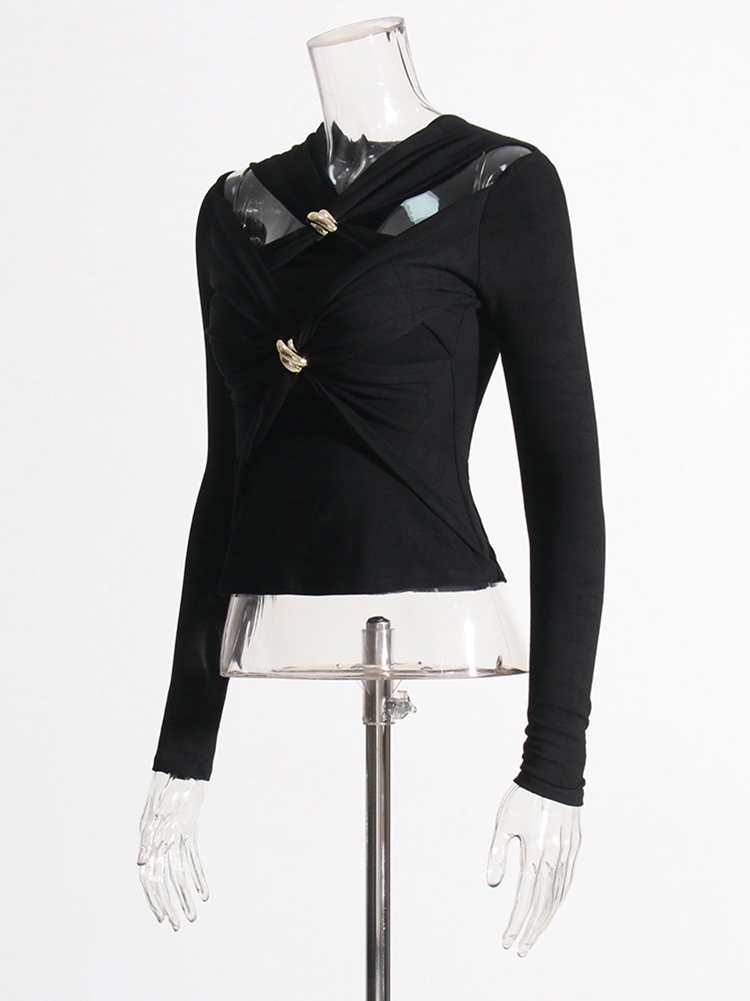 Black Long Sleeve Top with Gold Ring & Cutout - SISPELL