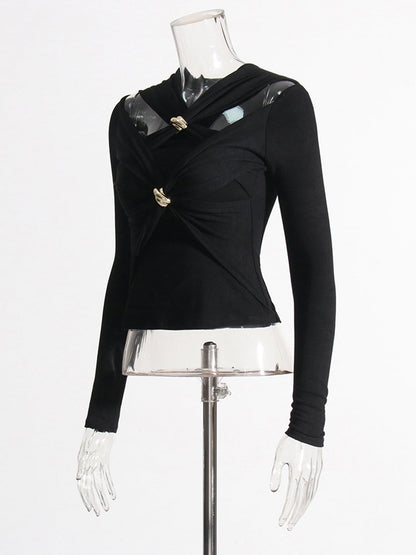 Black Long Sleeve Top with Gold Ring & Cutout - SISPELL