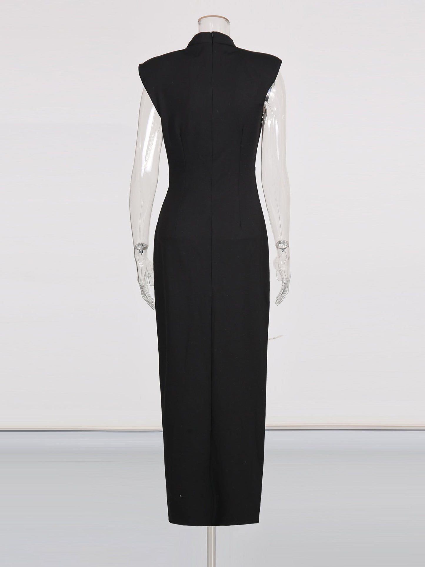 Black Maxi Dress with Gold Zipper & High Neck Detail - SISPELL