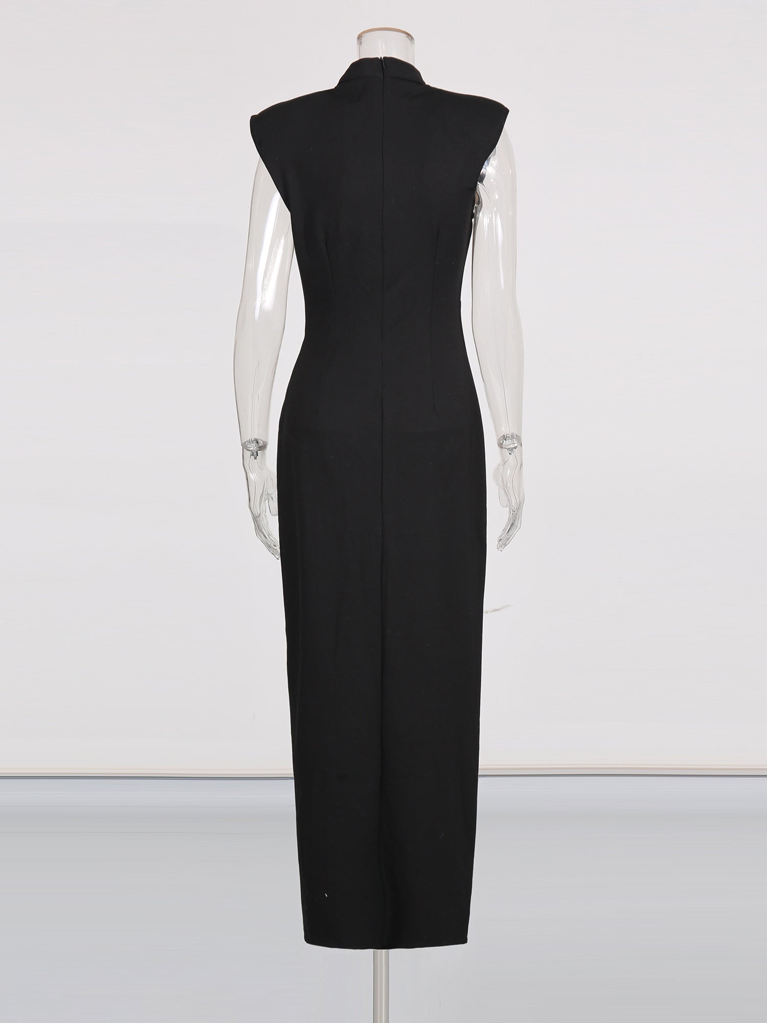 Black Maxi Dress with Gold Zipper & High Neck Detail - SISPELL