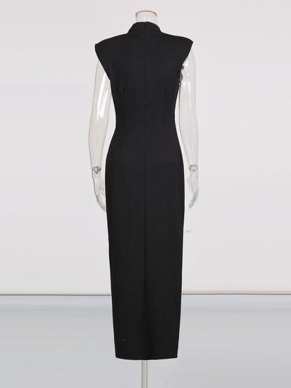 Black Maxi Dress with Gold Zipper & High Neck Detail - SISPELL