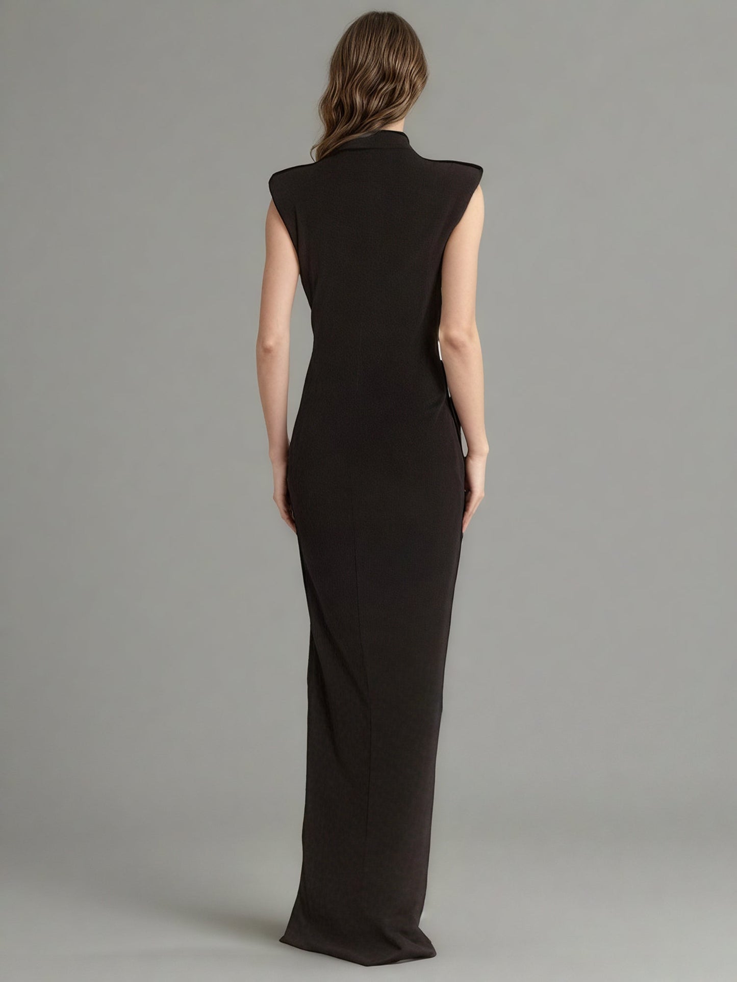 Black Maxi Dress with Gold Zipper & High Neck Detail - SISPELL