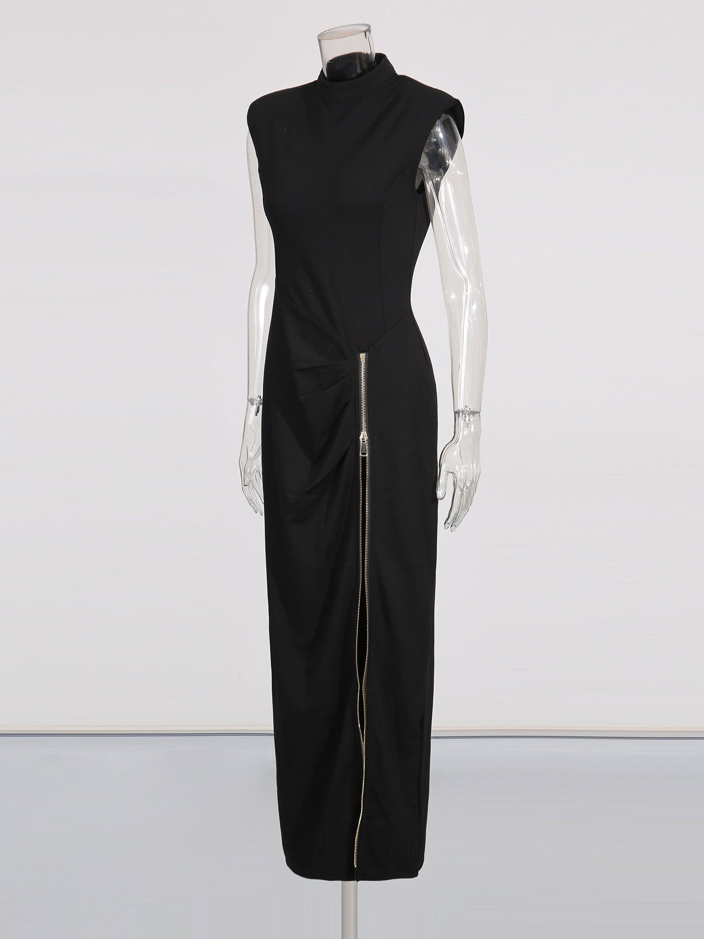 Black Maxi Dress with Gold Zipper & High Neck Detail - SISPELL