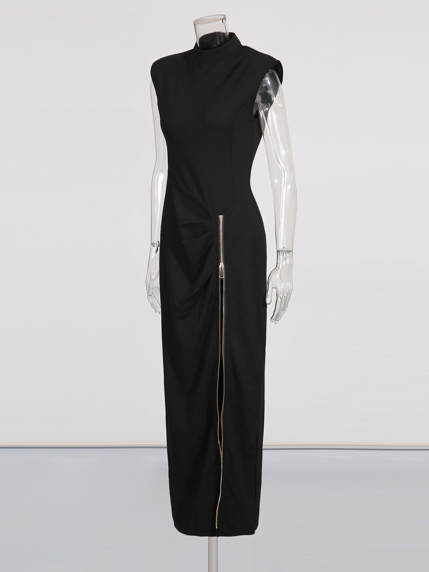 Black Maxi Dress with Gold Zipper & High Neck Detail - SISPELL