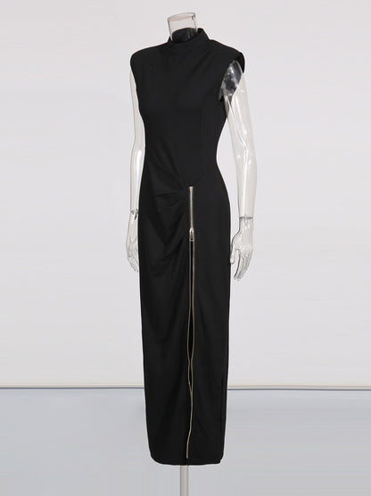 Black Maxi Dress with Gold Zipper & High Neck Detail - SISPELL