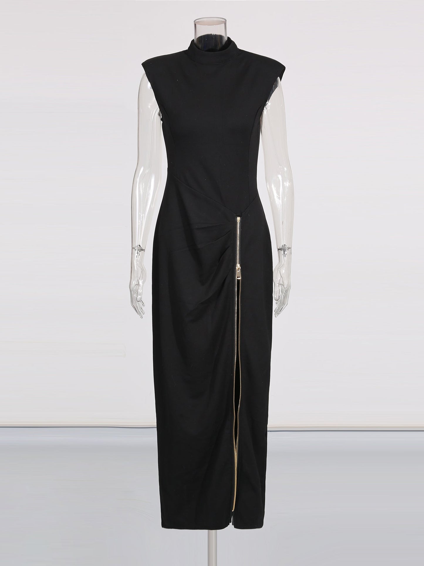Black Maxi Dress with Gold Zipper & High Neck Detail - SISPELL