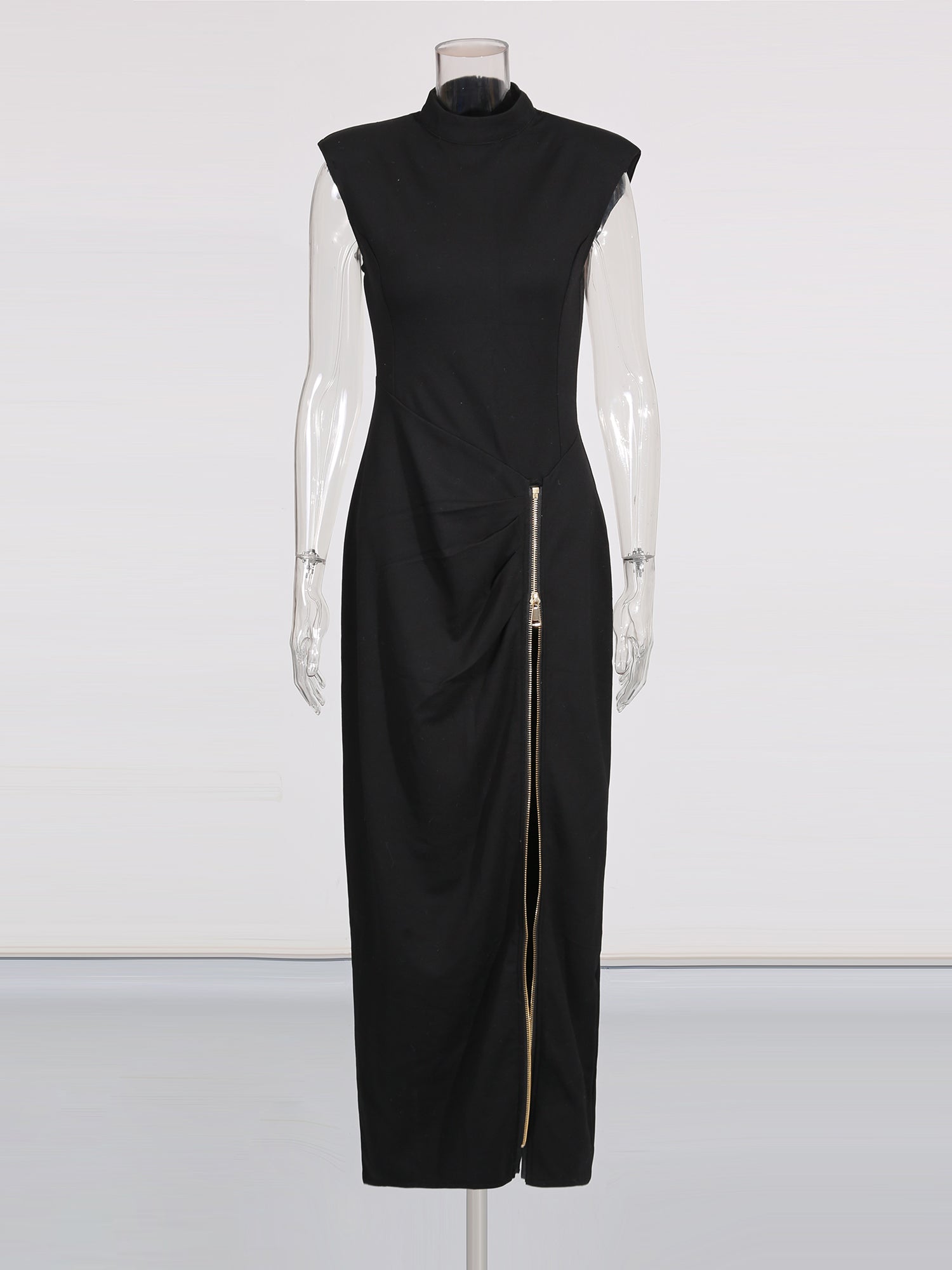 Black Maxi Dress with Gold Zipper & High Neck Detail - SISPELL