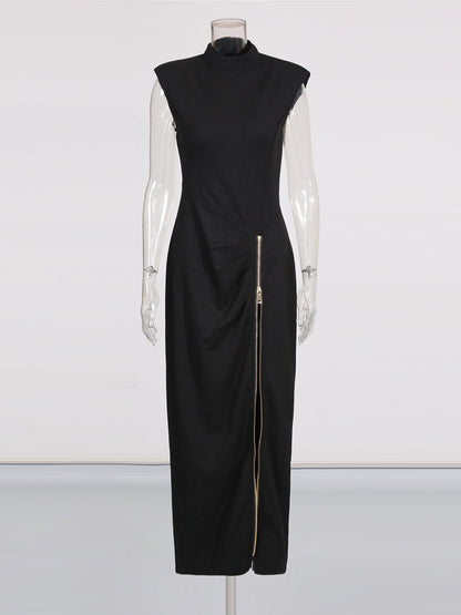 Black Maxi Dress with Gold Zipper & High Neck Detail - SISPELL