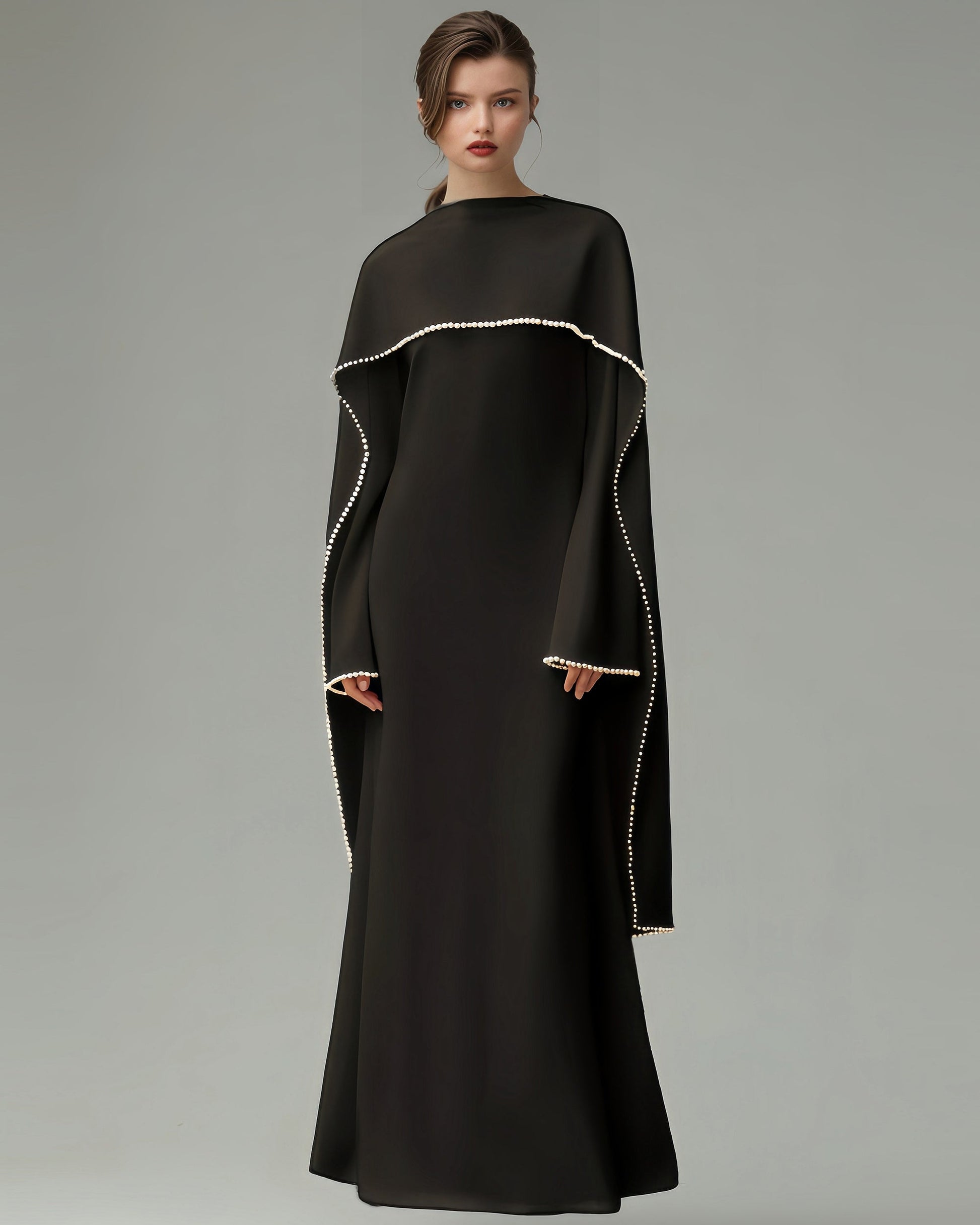 Black Maxi Dress with Pearl - Trimmed Cape Sleeves - SISPELL