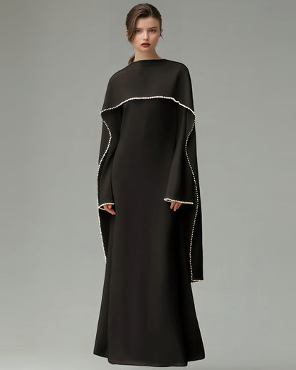 Black Maxi Dress with Pearl - Trimmed Cape Sleeves - SISPELL