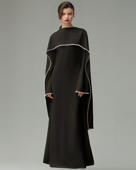 Black Maxi Dress with Pearl - Trimmed Cape Sleeves - SISPELL