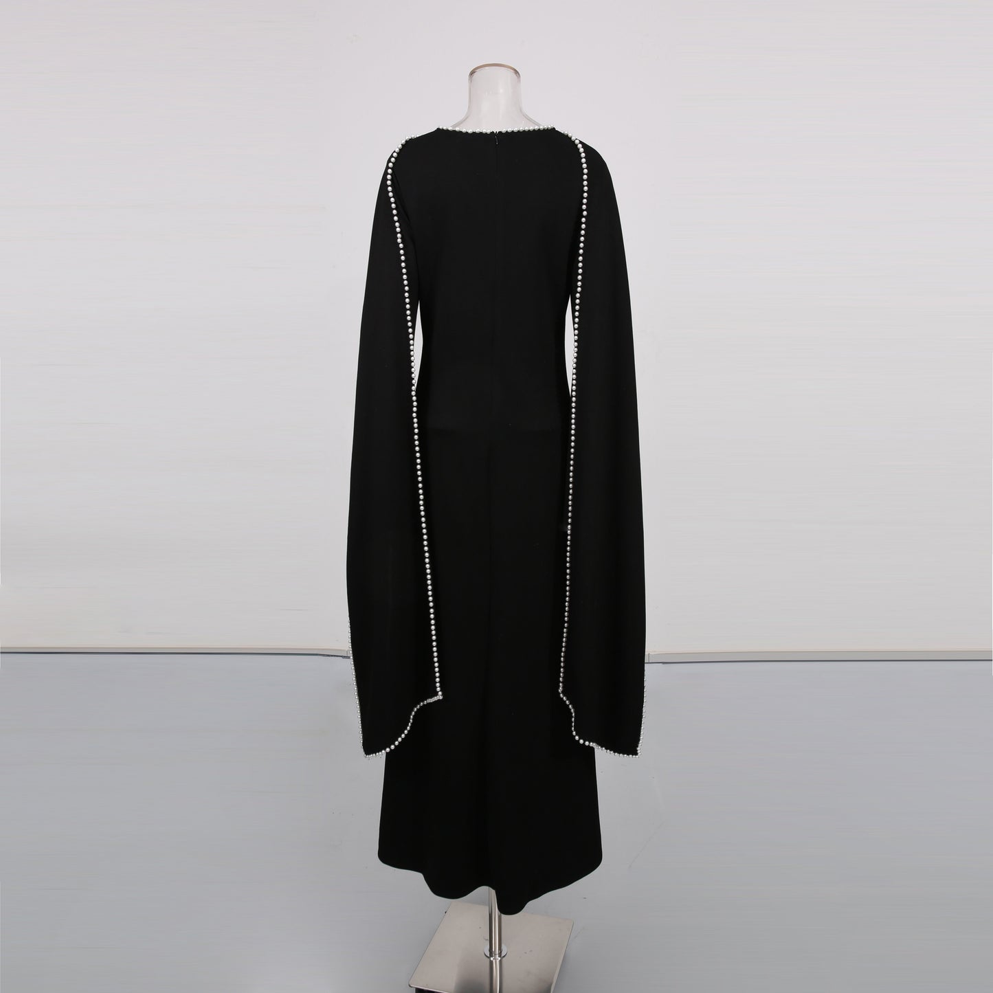 Black Maxi Dress with Pearl - Trimmed Cape Sleeves - SISPELL