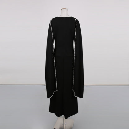 Black Maxi Dress with Pearl - Trimmed Cape Sleeves - SISPELL