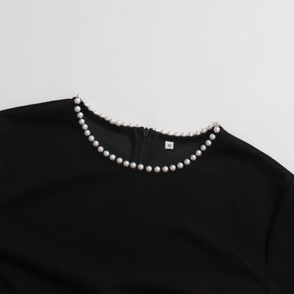 Black Maxi Dress with Pearl - Trimmed Cape Sleeves - SISPELL