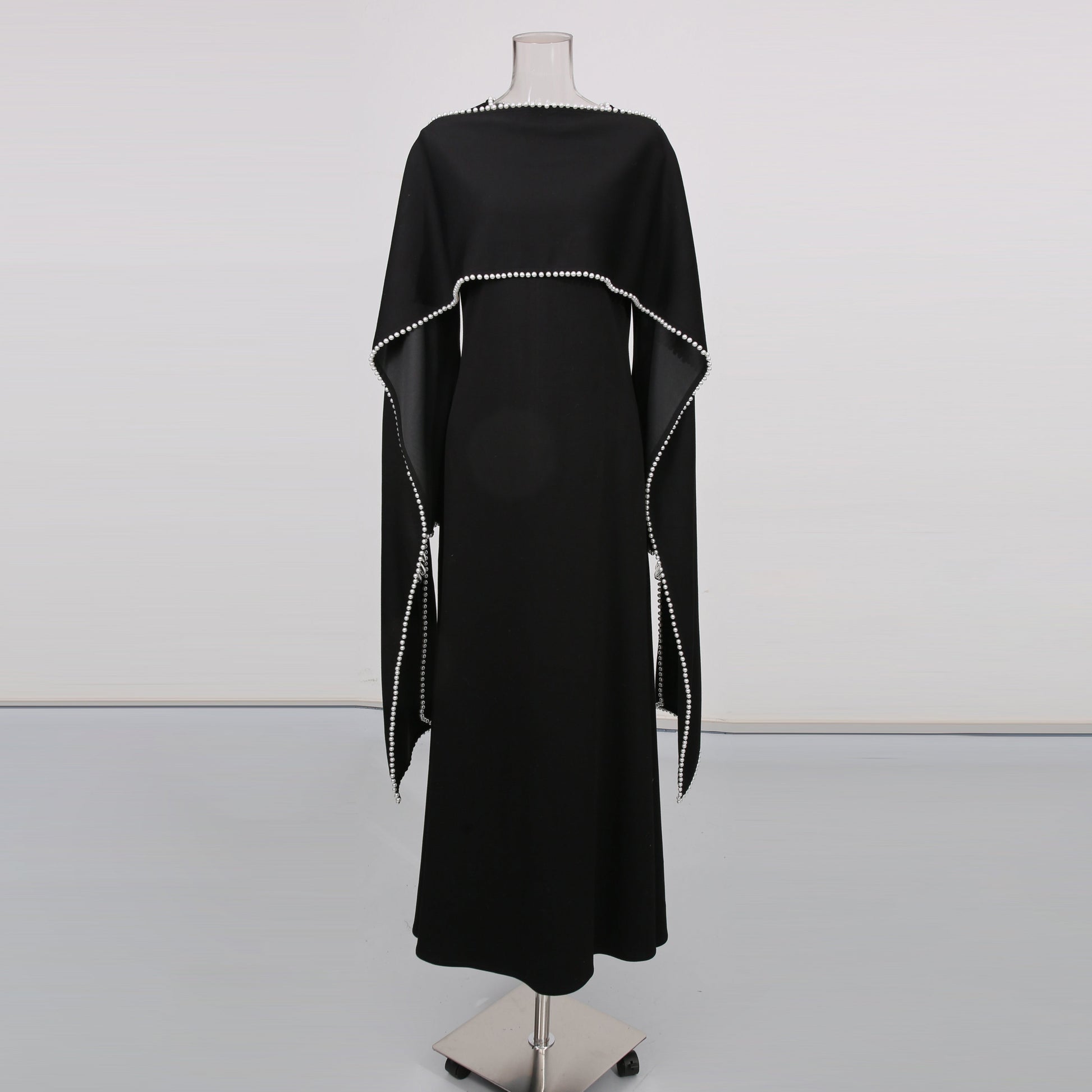 Black Maxi Dress with Pearl - Trimmed Cape Sleeves - SISPELL