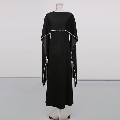 Black Maxi Dress with Pearl - Trimmed Cape Sleeves - SISPELL
