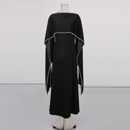 Black Maxi Dress with Pearl - Trimmed Cape Sleeves - SISPELL