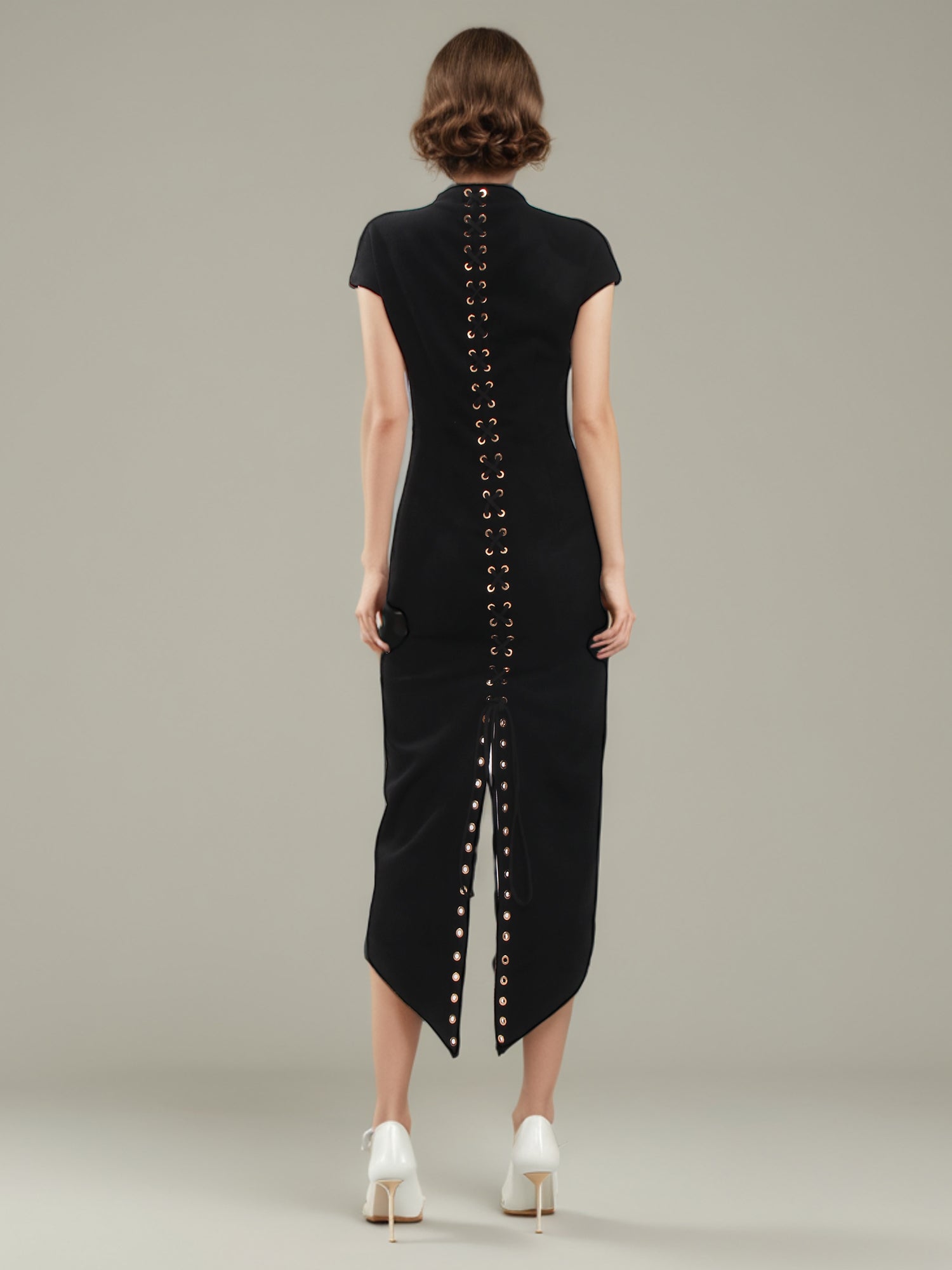 Black Midi Dress with Lace - Up Back & Slit - SISPELL