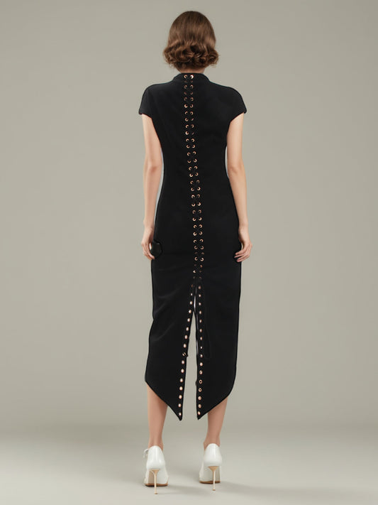 Black Midi Dress with Lace - Up Back & Slit - SISPELL