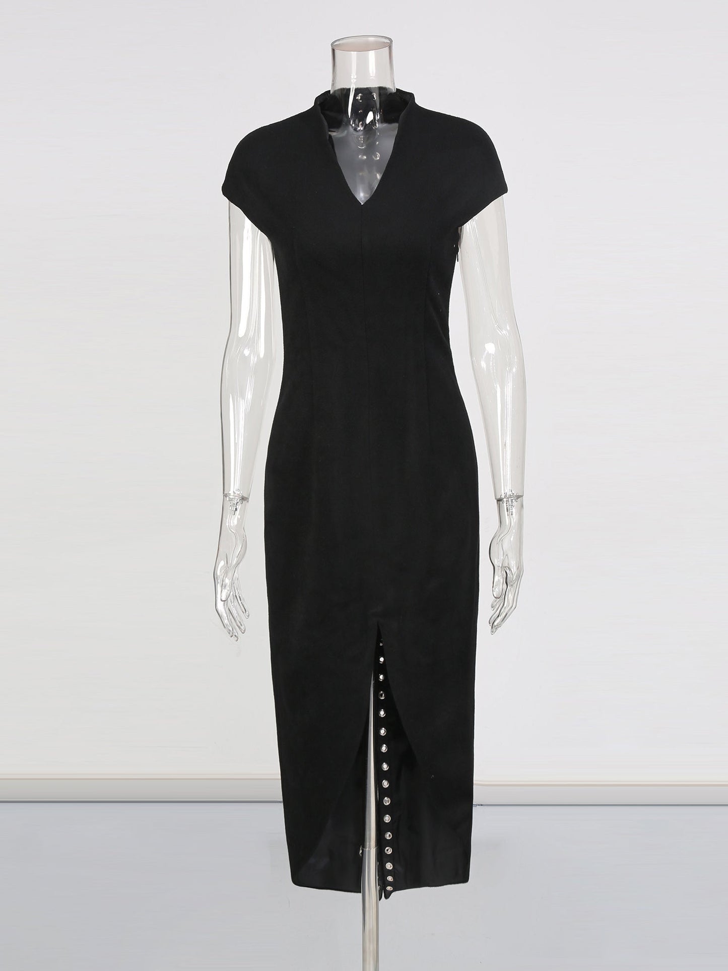 Black Midi Dress with Lace - Up Back & Slit - SISPELL