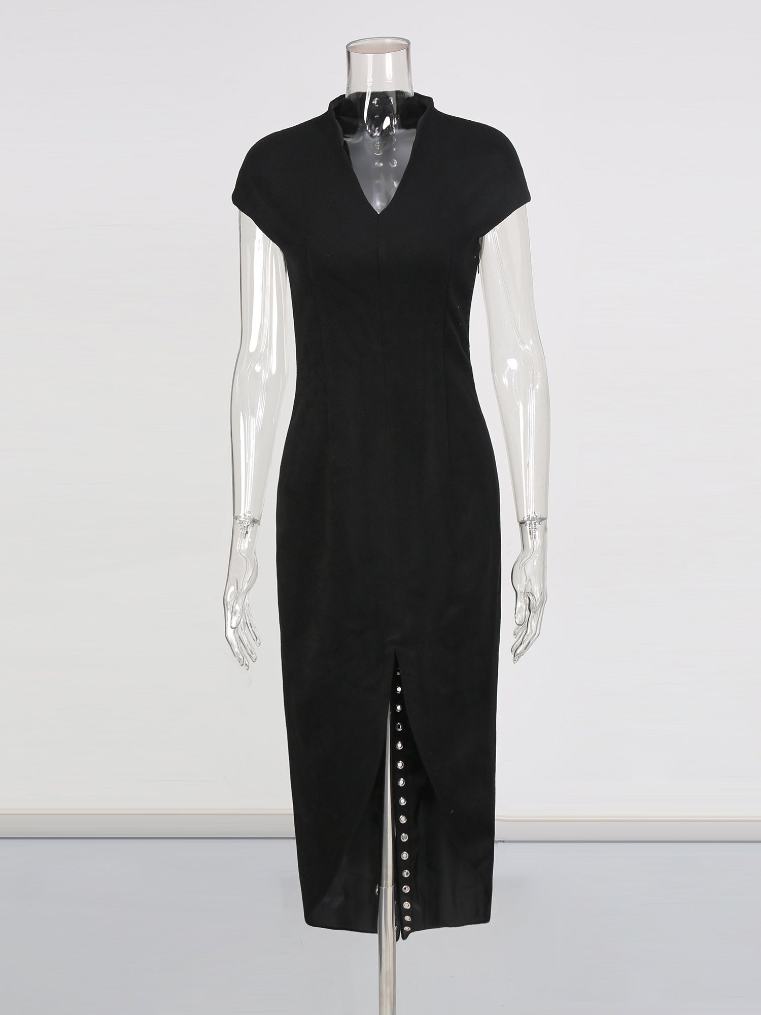 Black Midi Dress with Lace - Up Back & Slit - SISPELL