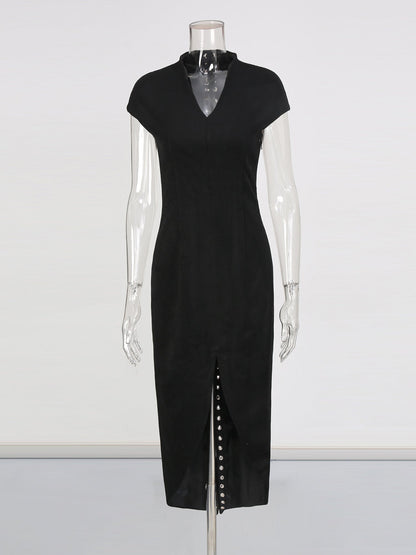 Black Midi Dress with Lace - Up Back & Slit - SISPELL