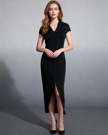 Black Midi Dress with Lace - Up Back & Slit - SISPELL
