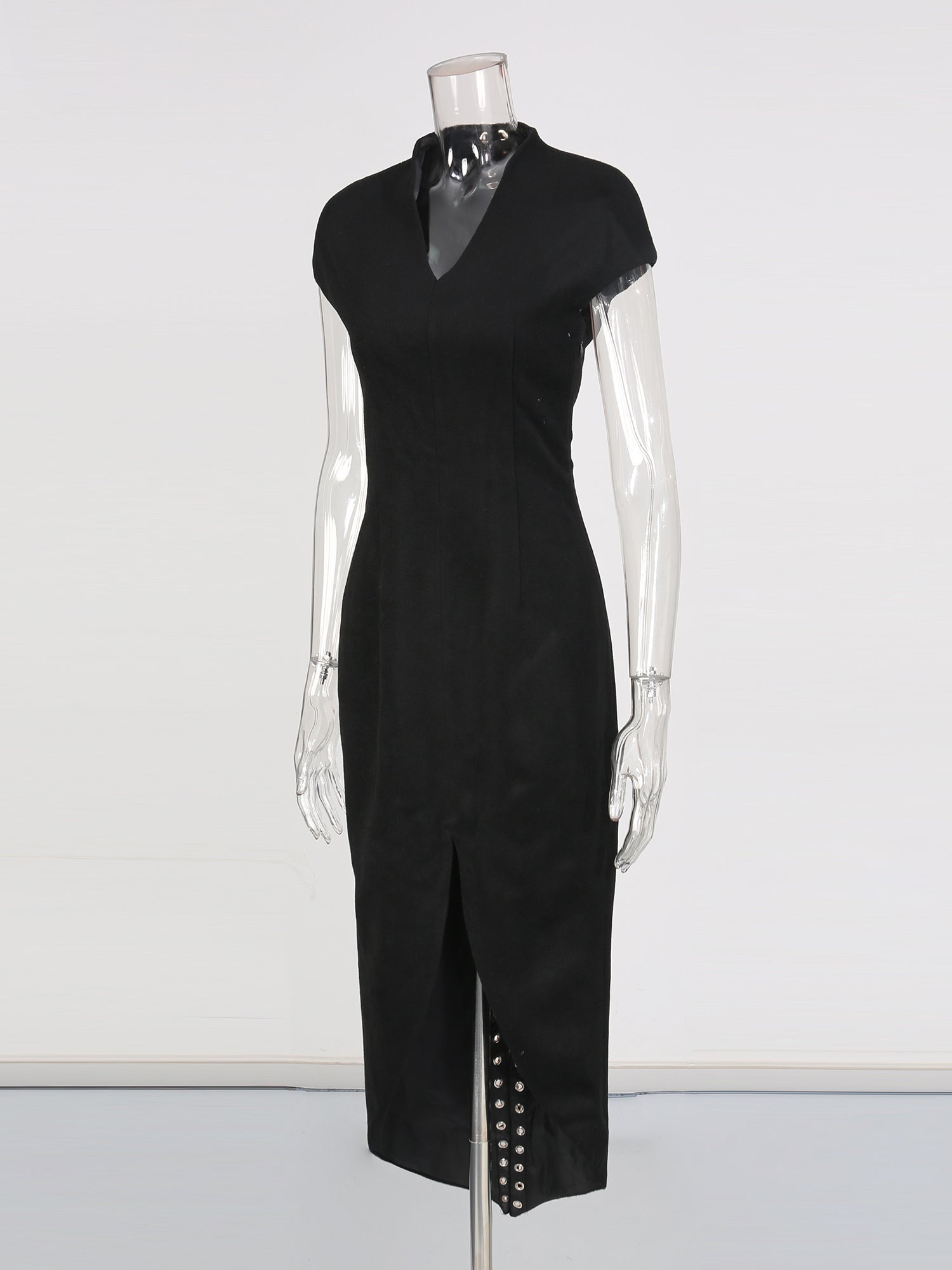 Black Midi Dress with Lace - Up Back & Slit - SISPELL