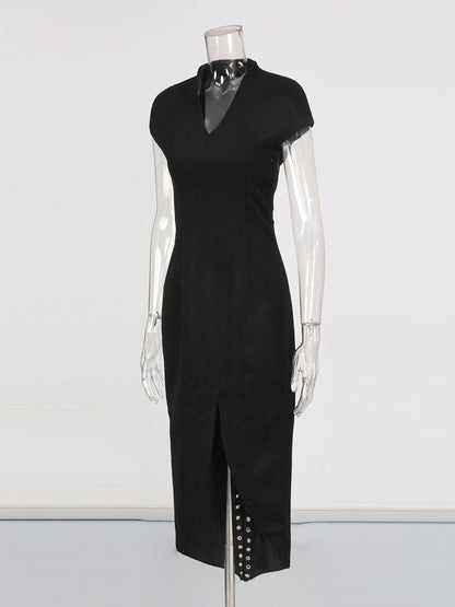 Black Midi Dress with Lace - Up Back & Slit - SISPELL