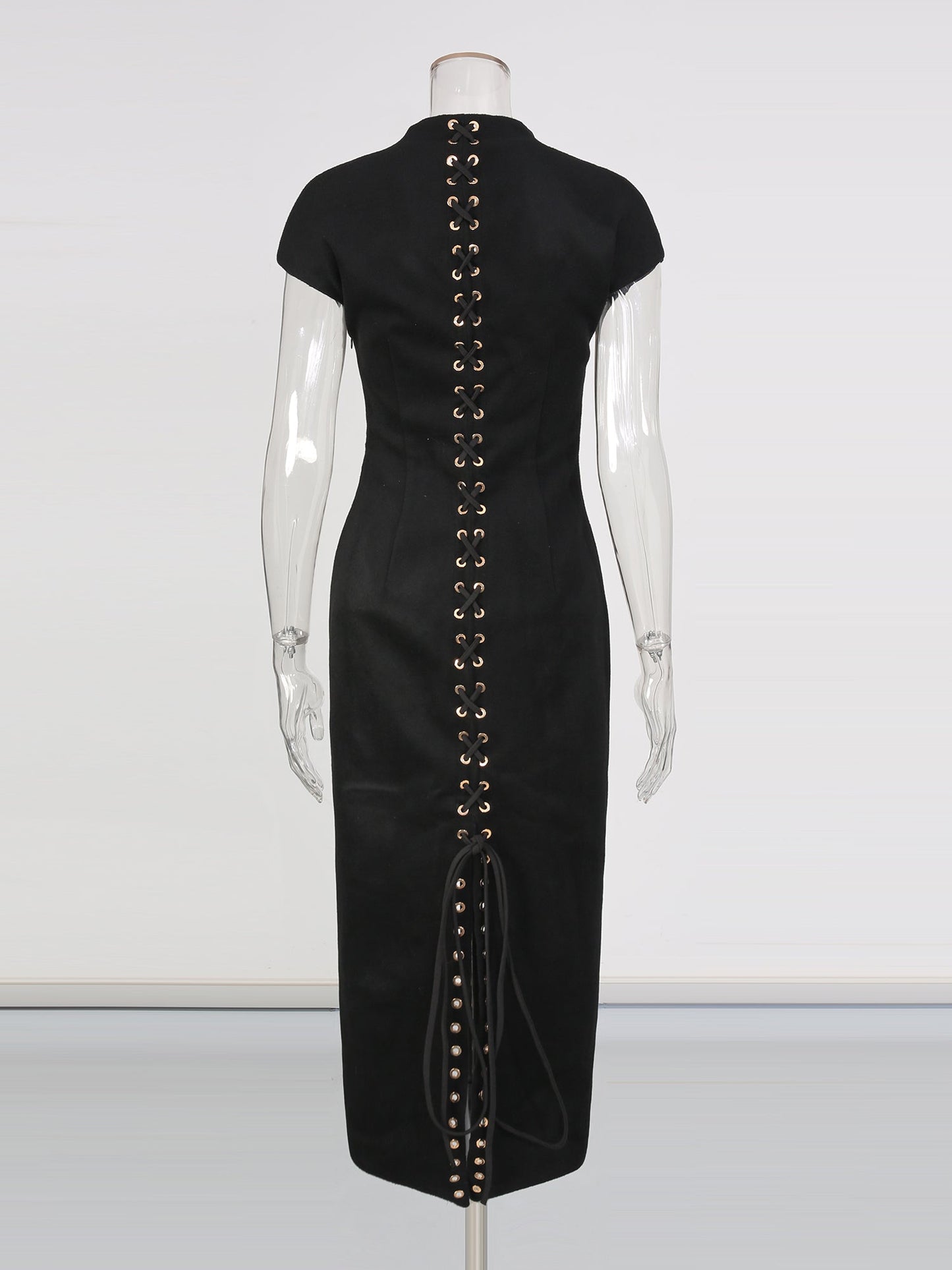 Black Midi Dress with Lace - Up Back & Slit - SISPELL