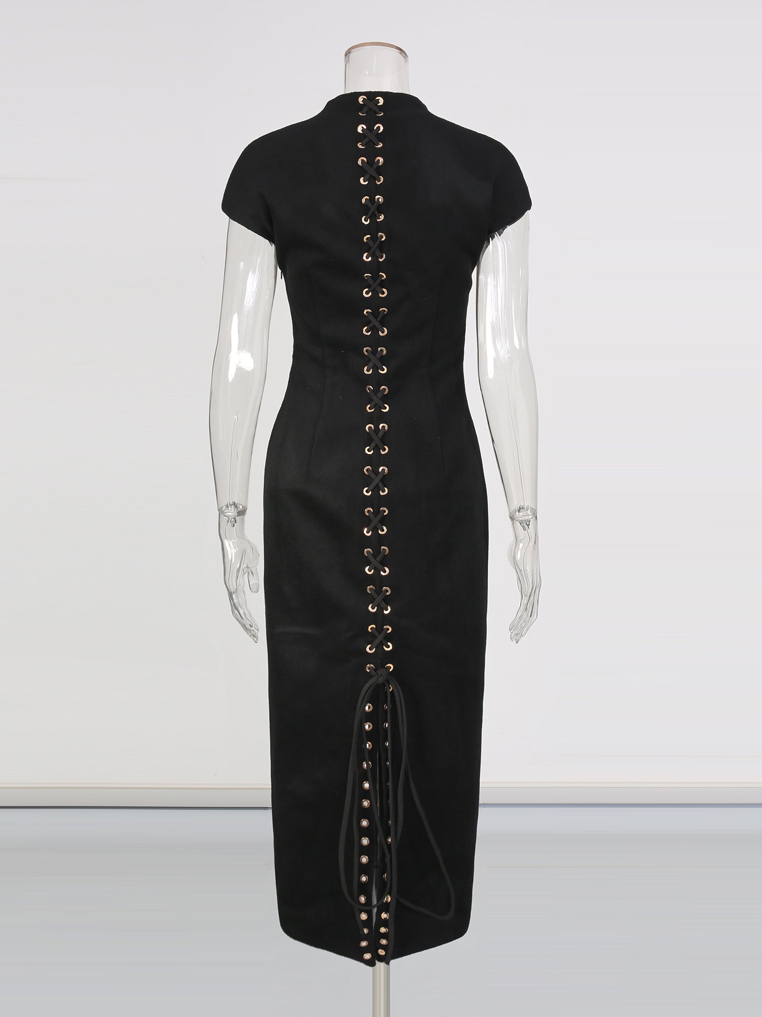 Black Midi Dress with Lace - Up Back & Slit - SISPELL