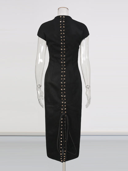 Black Midi Dress with Lace - Up Back & Slit - SISPELL