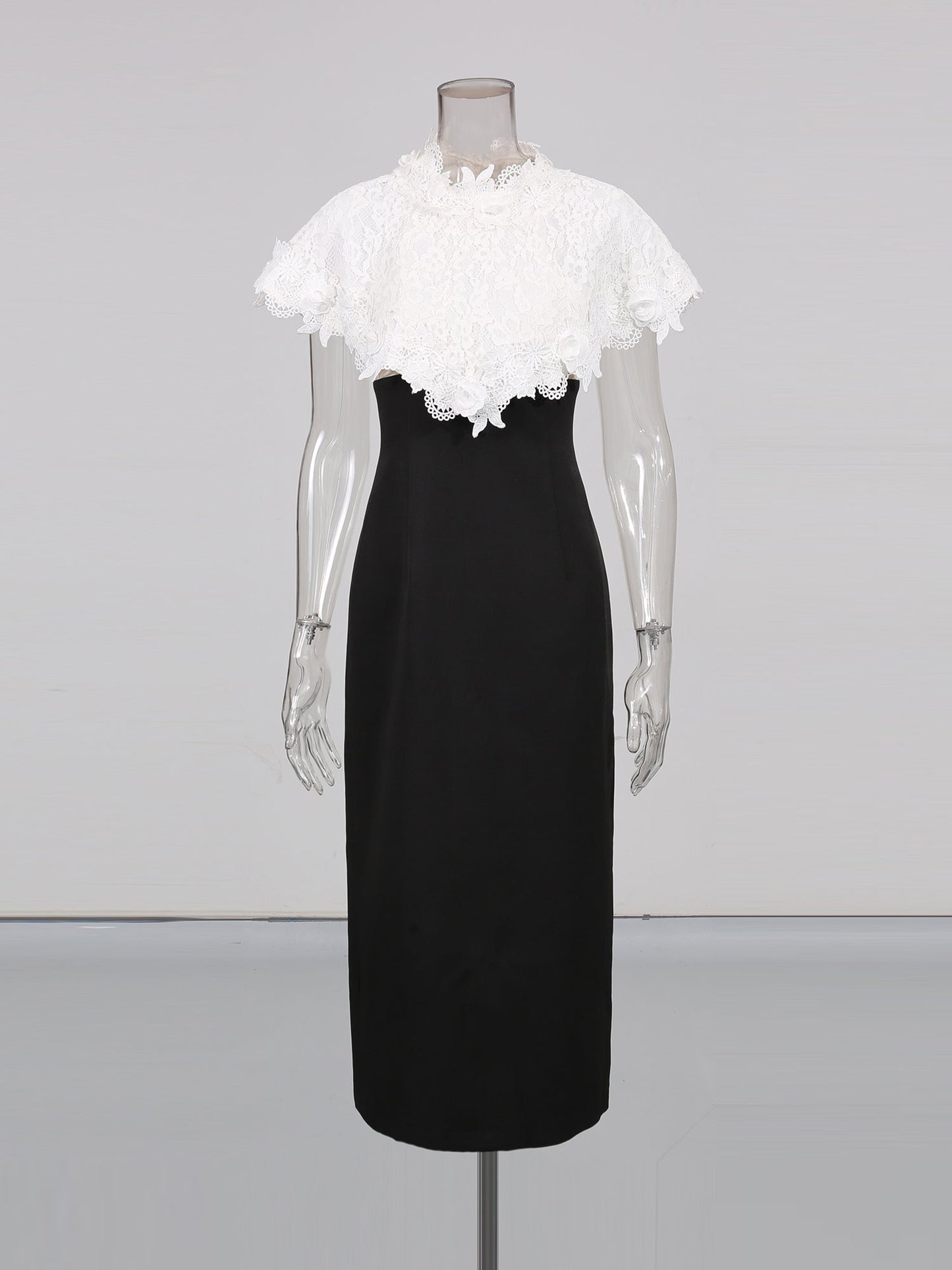 Black Midi Dress with White Lace Capelet Set - SISPELL