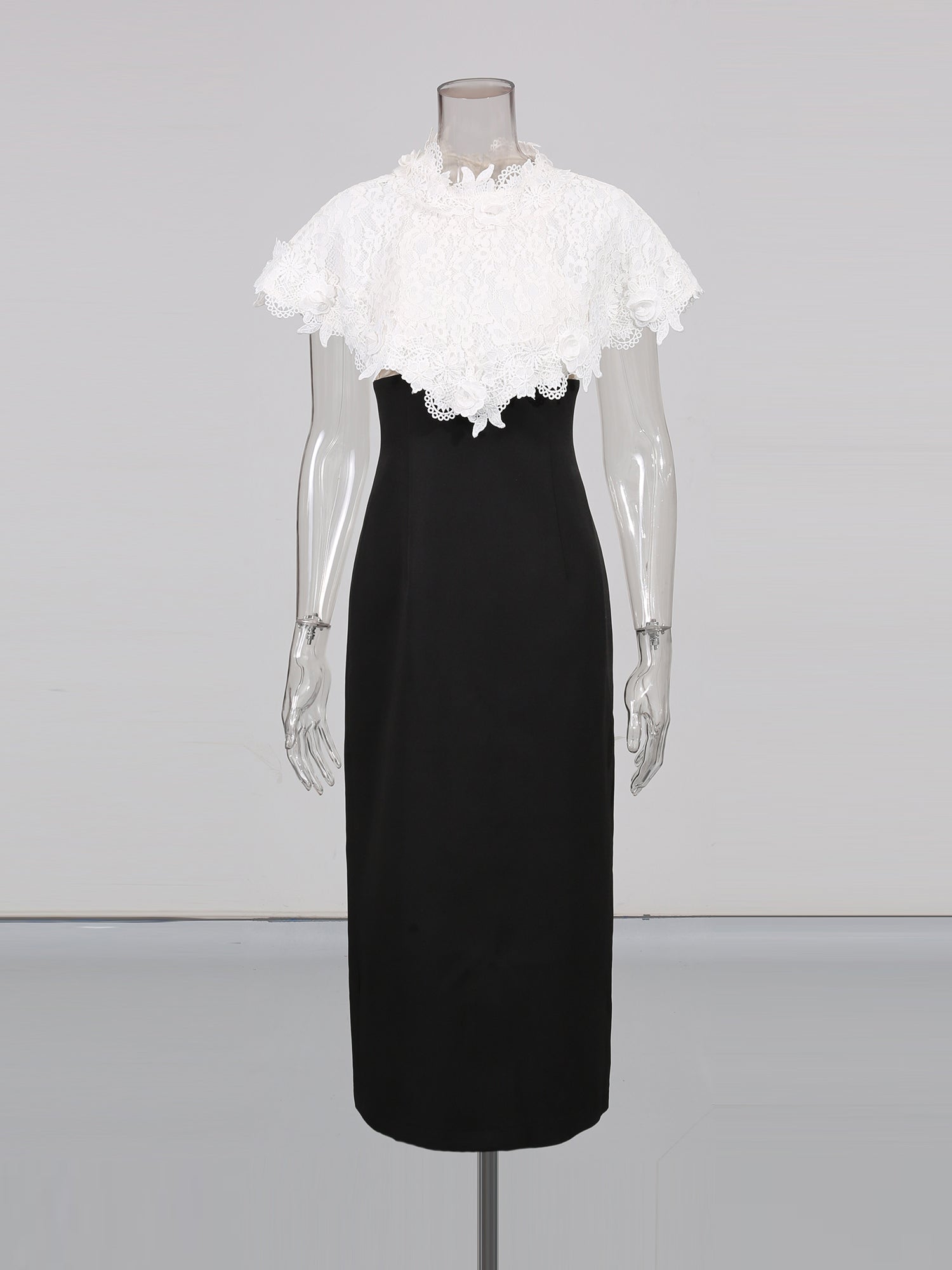 Black Midi Dress with White Lace Capelet Set - SISPELL